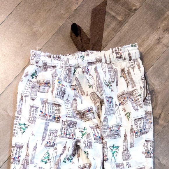 AERIE Pajamas XS Jogger Pants Cream Ribbon Elastic Waist Christmas Town Tree - Picture 3 of 3